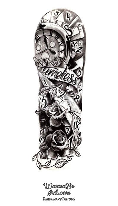 Timeless" Clock and Rose Temporary Sleeve Tattoos